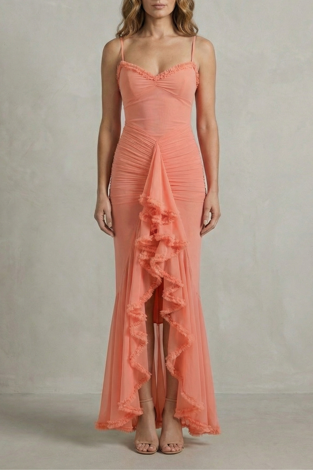Sweetheart Neckline Ruffle Sleeveless High Low Maxi Dress