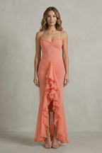 Sweetheart Neckline Ruffle Sleeveless High Low Maxi Dress