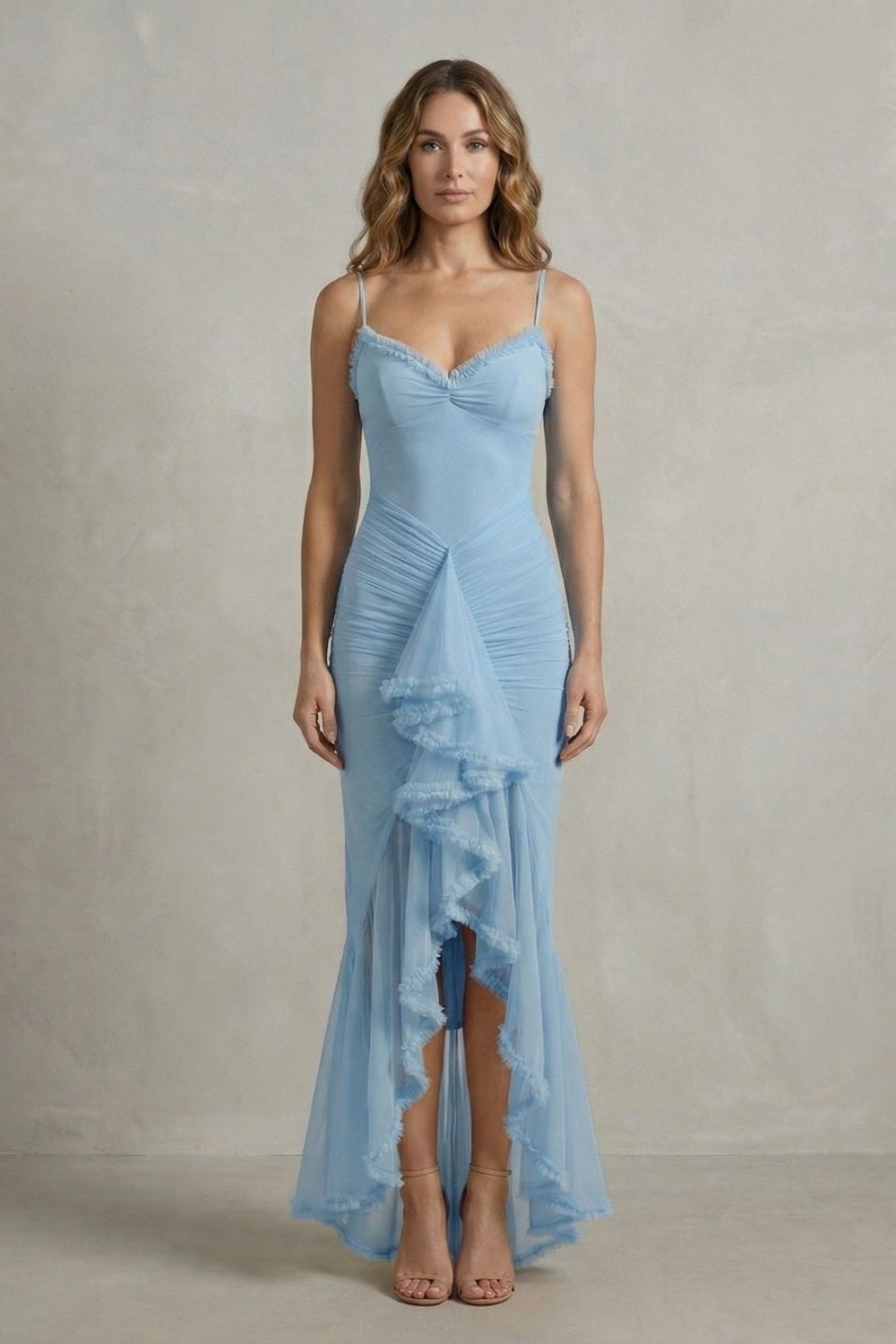 Sweetheart Neckline Ruffle Sleeveless High Low Maxi Dress