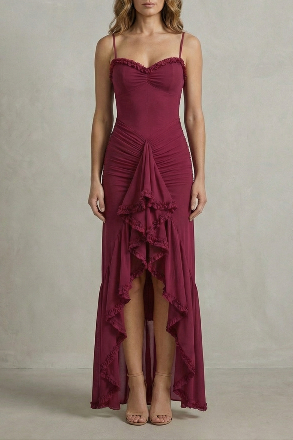 Sweetheart Neckline Ruffle Sleeveless High Low Maxi Dress