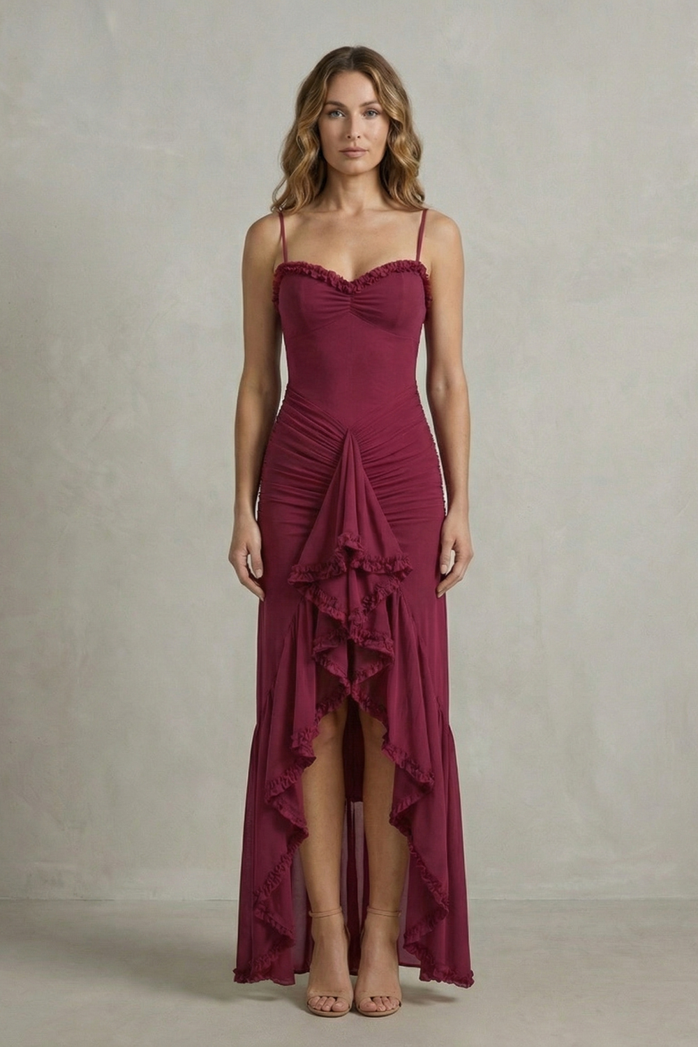 Sweetheart Neckline Ruffle Sleeveless High Low Maxi Dress