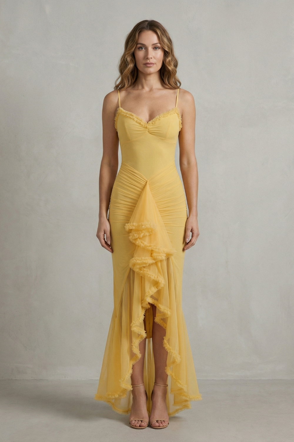 Sweetheart Neckline Ruffle Sleeveless High Low Maxi Dress