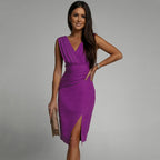 Cocktail Midi Dress Sleeveless V-Neck Draped Slit