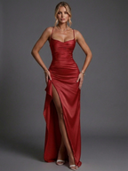 Bodycon Maxi Dress Satin Ruched Split Strappy