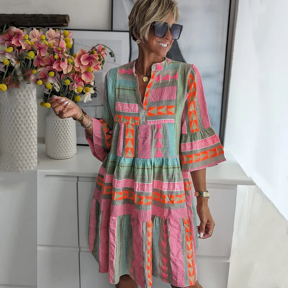 Boho Tiered Swing Midi Dress Flowy Layered Summer