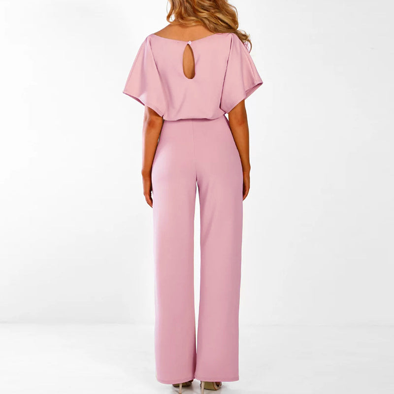 Batwing Jumpsuit Wide Leg Tie Front Short Sleeve