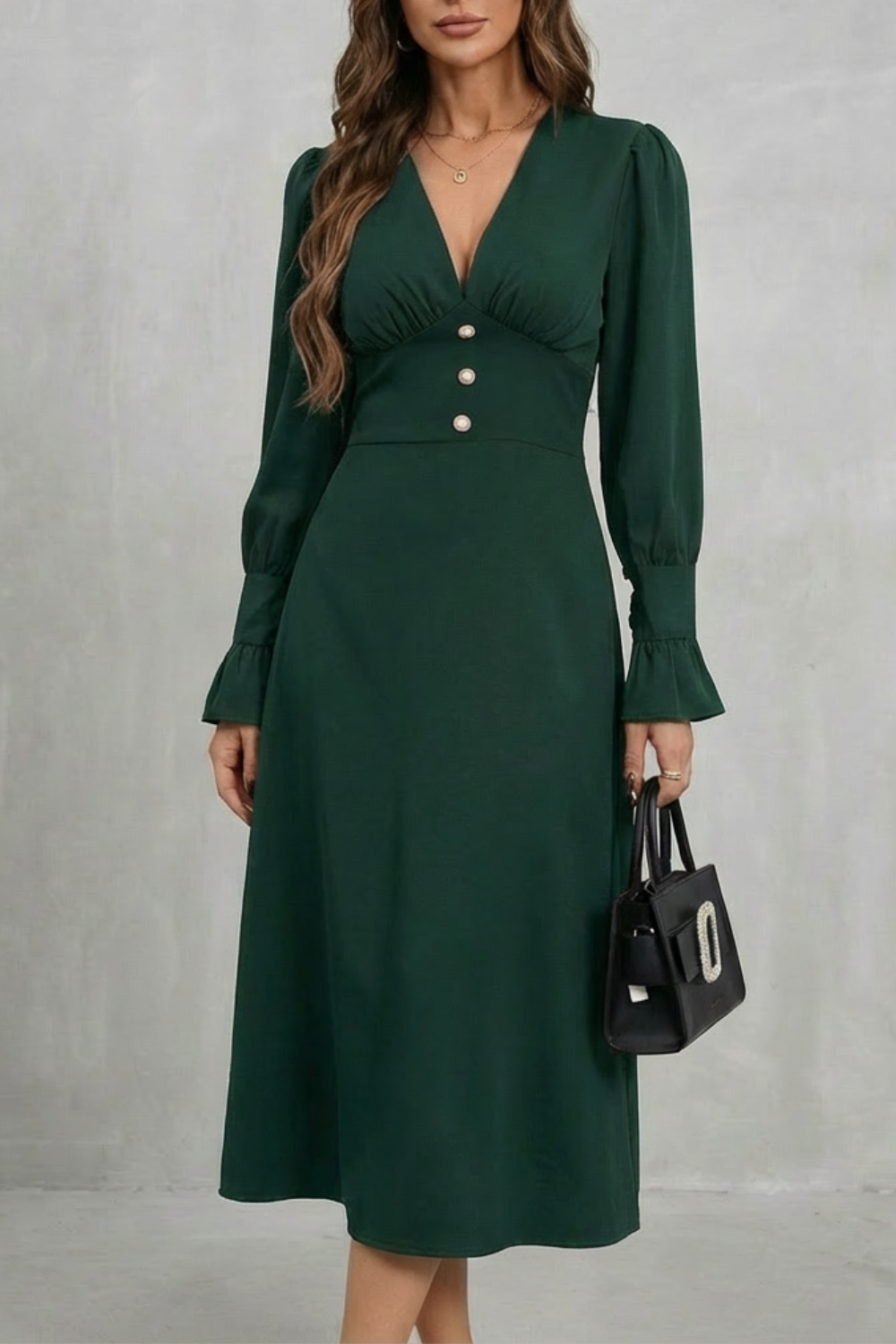 V Neck Ruffle Midi Shirt Dress