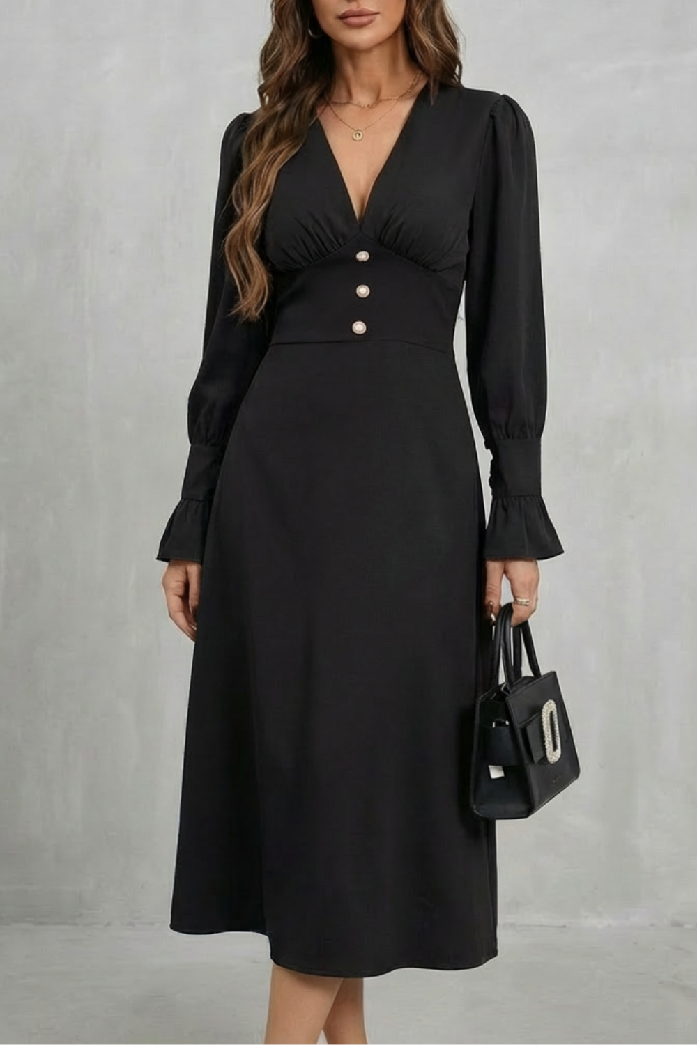 V Neck Ruffle Midi Shirt Dress