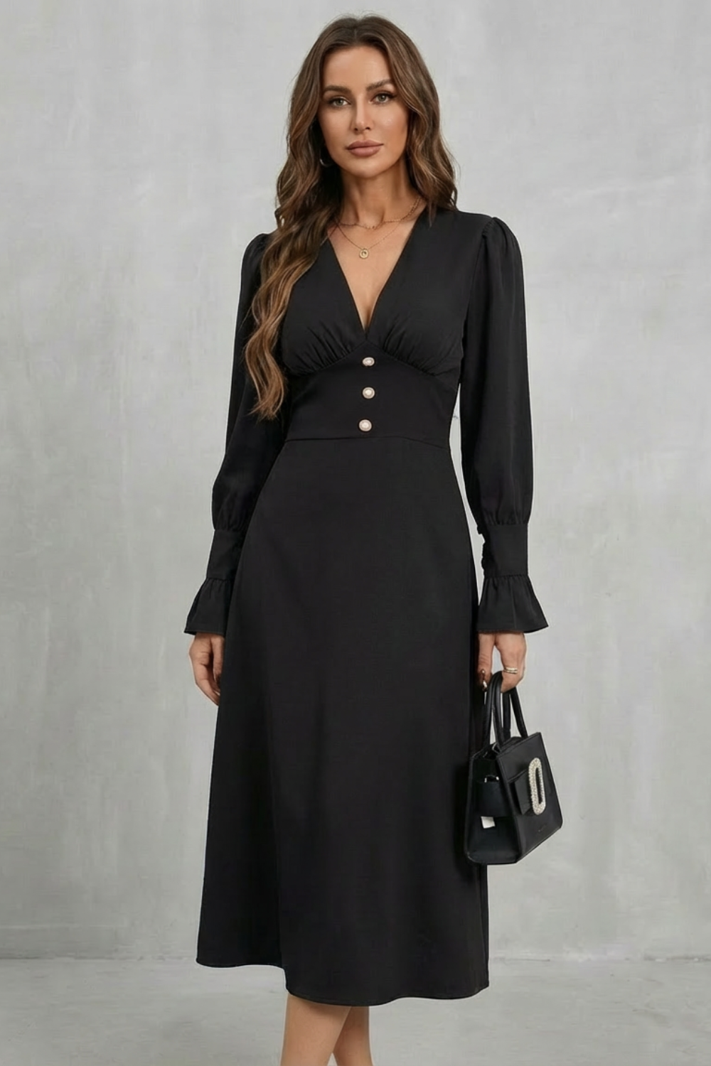 V Neck Ruffle Midi Shirt Dress