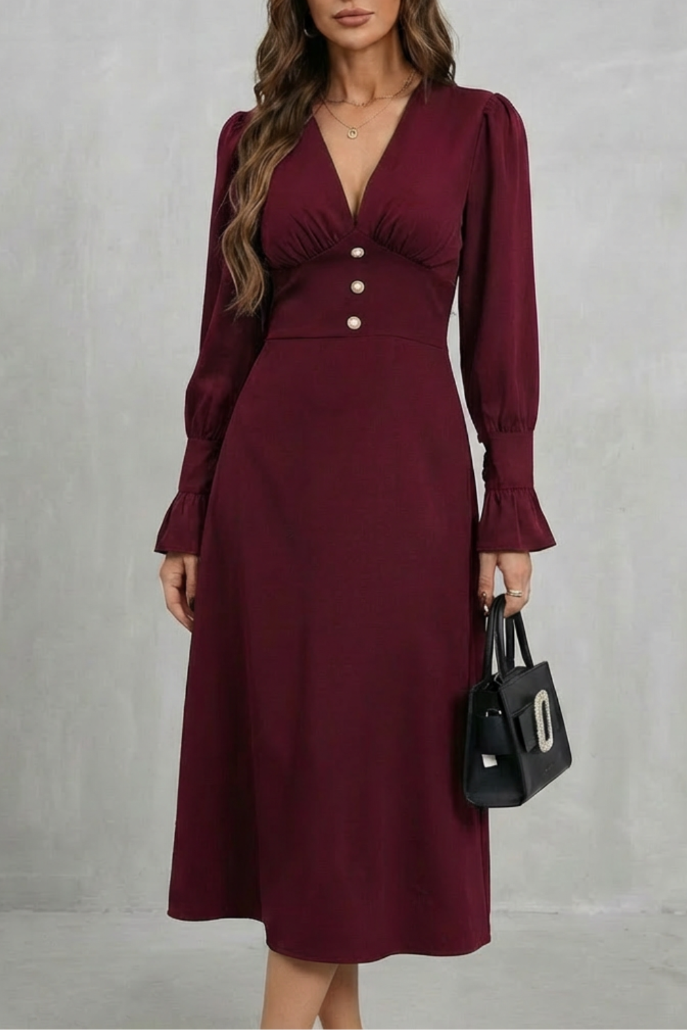 V Neck Ruffle Midi Shirt Dress