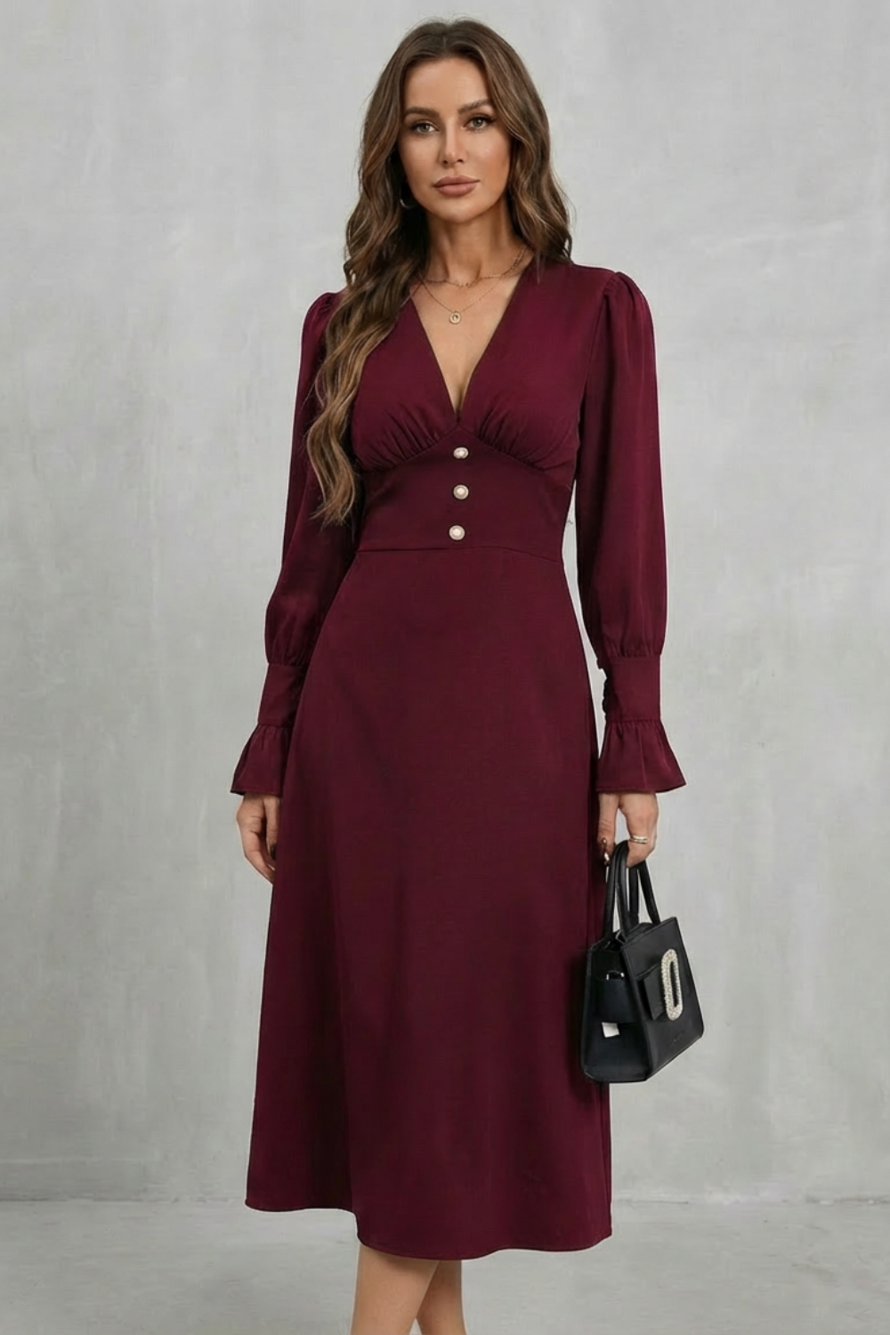 V Neck Ruffle Midi Shirt Dress