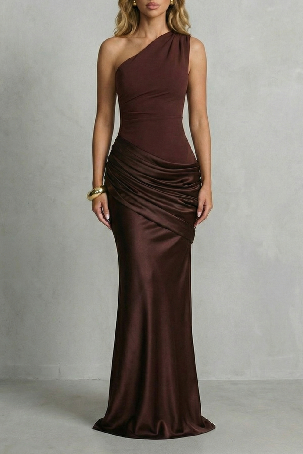 Satin Floor Length One Shoulder Maxi Dress