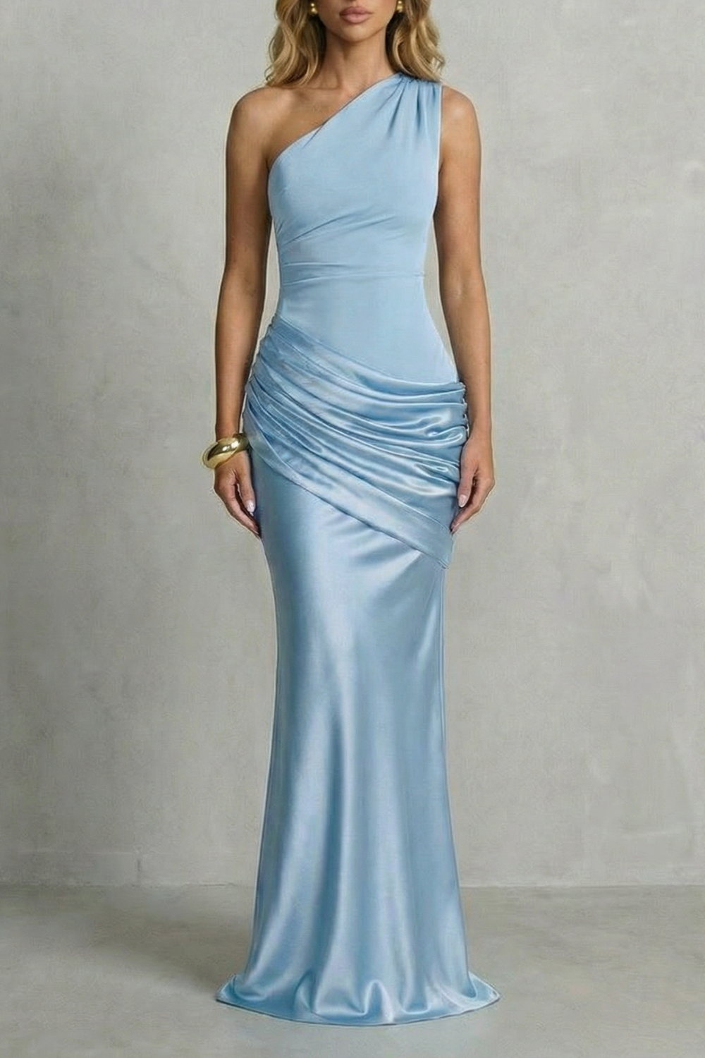 Satin Floor Length One Shoulder Maxi Dress
