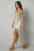 Floral Lace Strapless Slit Maxi Dress
