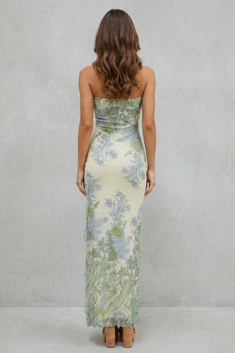 Floral Lace Strapless Slit Maxi Dress