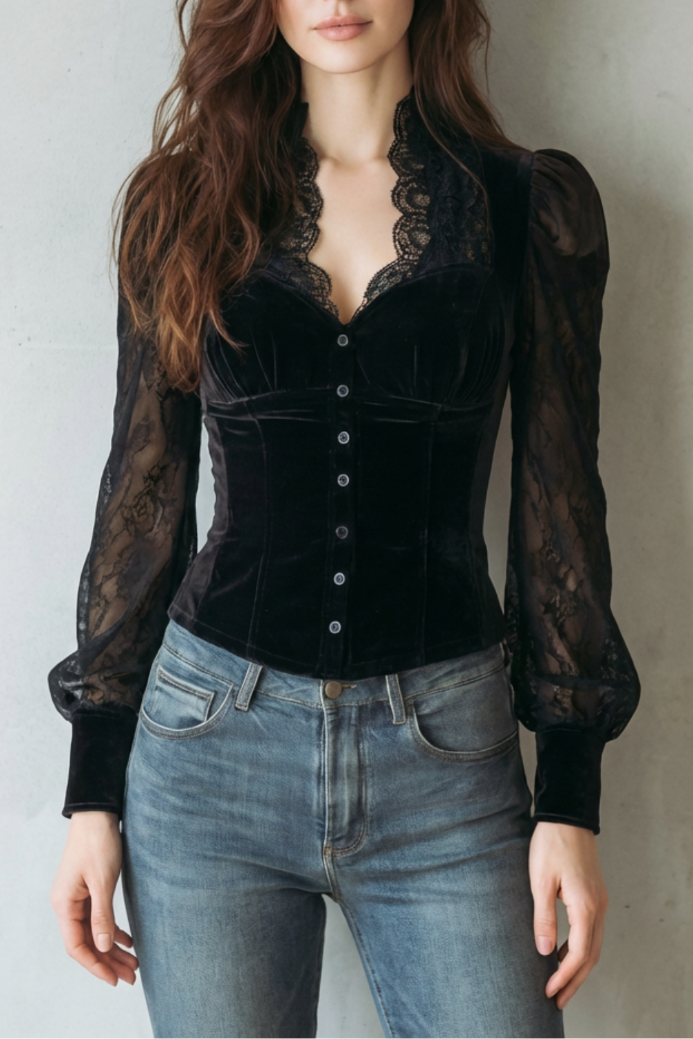 Tailored Button Front Velvet Fitted Blouse