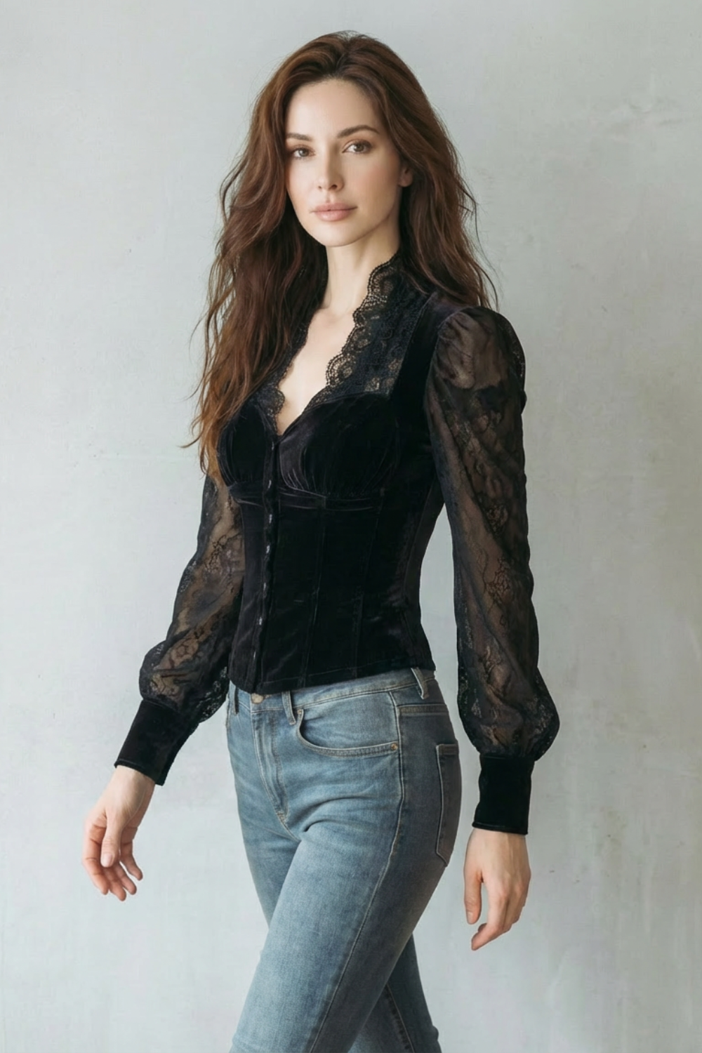 Tailored Button Front Velvet Fitted Blouse