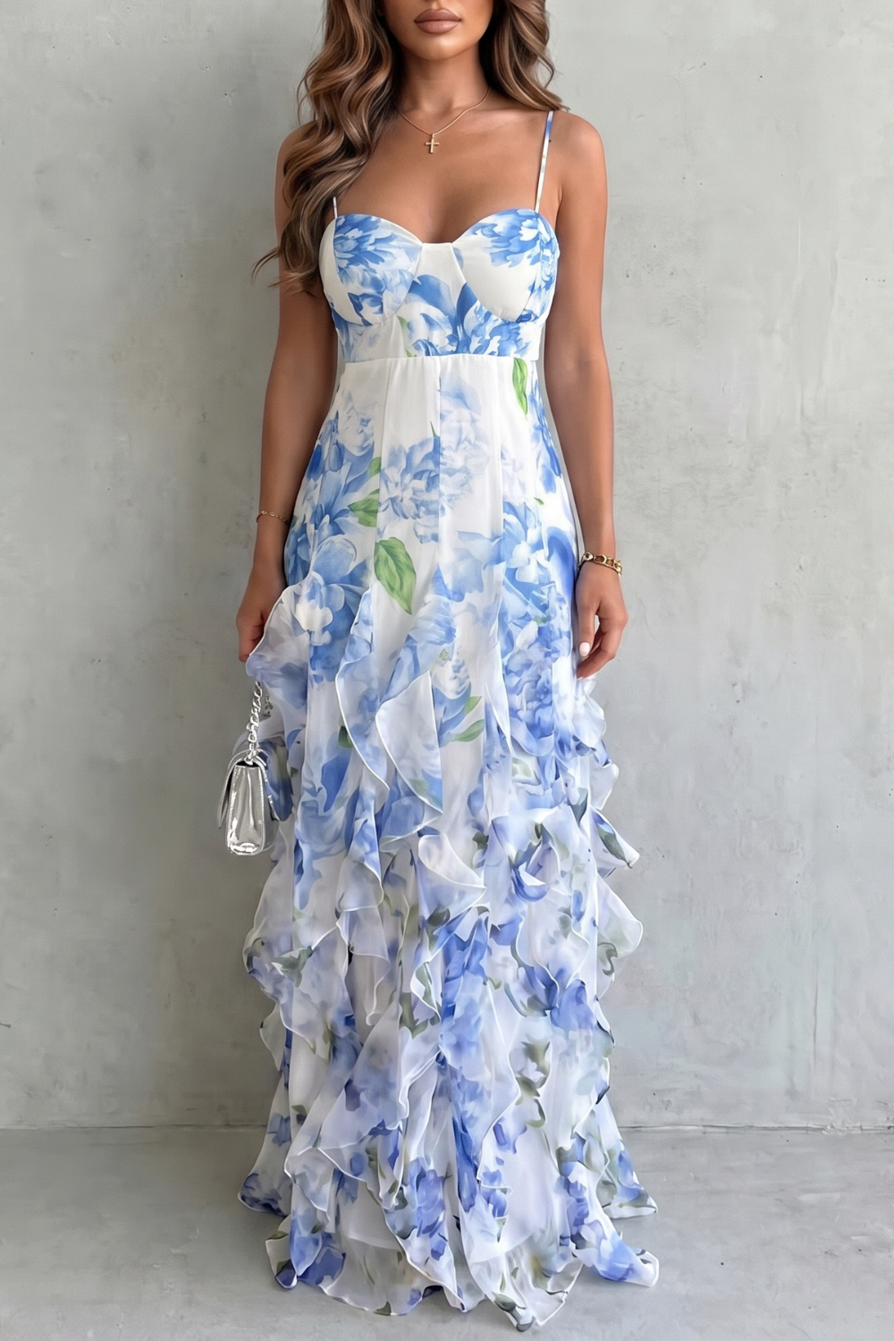 Floral V Neck Ruffled Evening Maxi Dress