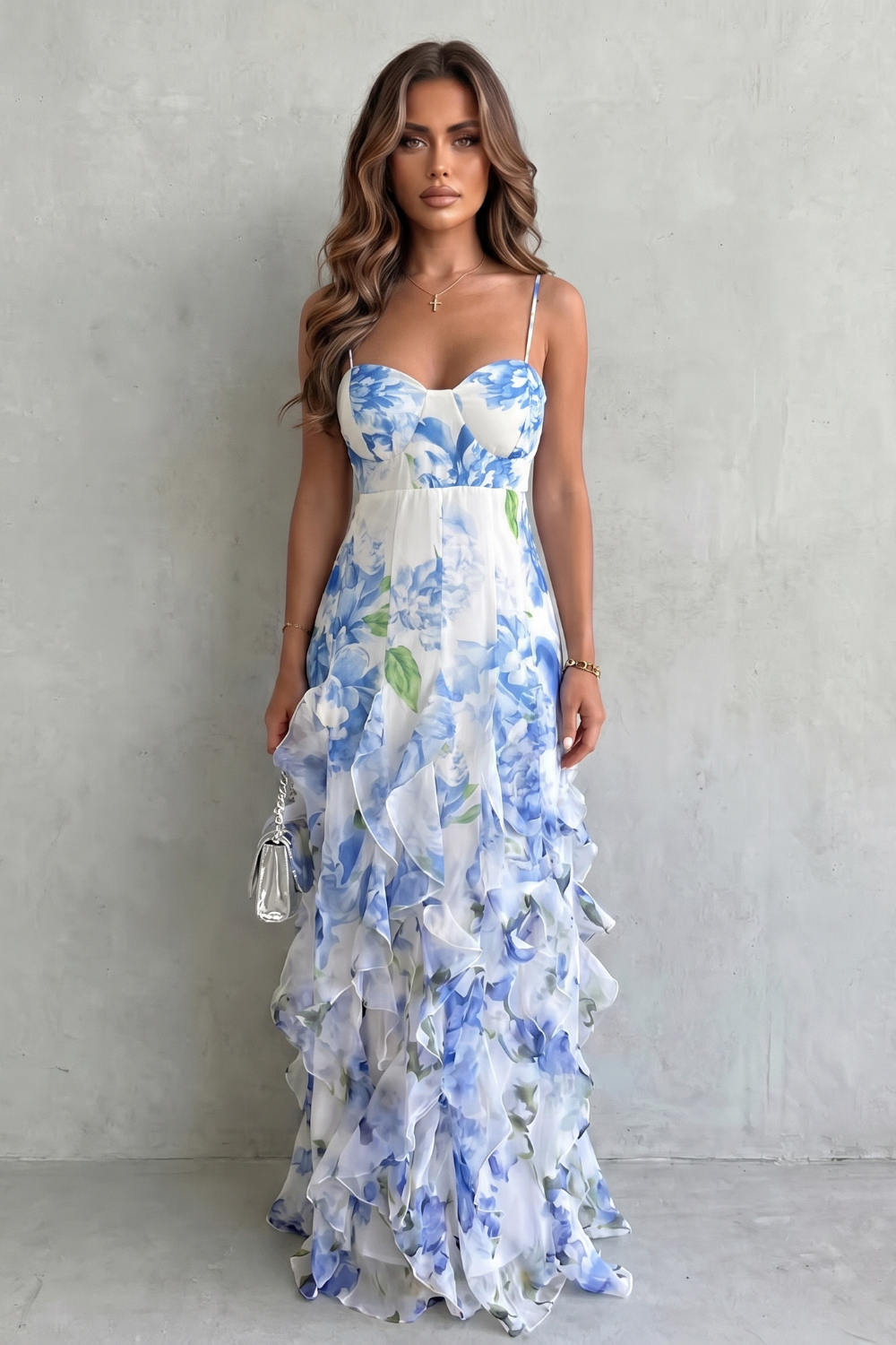 Floral V Neck Ruffled Evening Maxi Dress