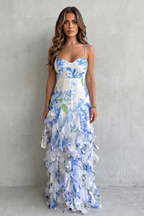Floral V Neck Ruffled Evening Maxi Dress