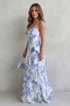 Floral V Neck Ruffled Evening Maxi Dress