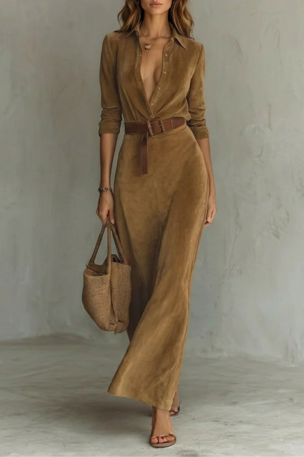 Elegant Wrap Maxi Autumn Solid Color Long Shirt Dress