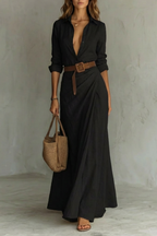 Elegant Wrap Maxi Autumn Solid Color Long Shirt Dress