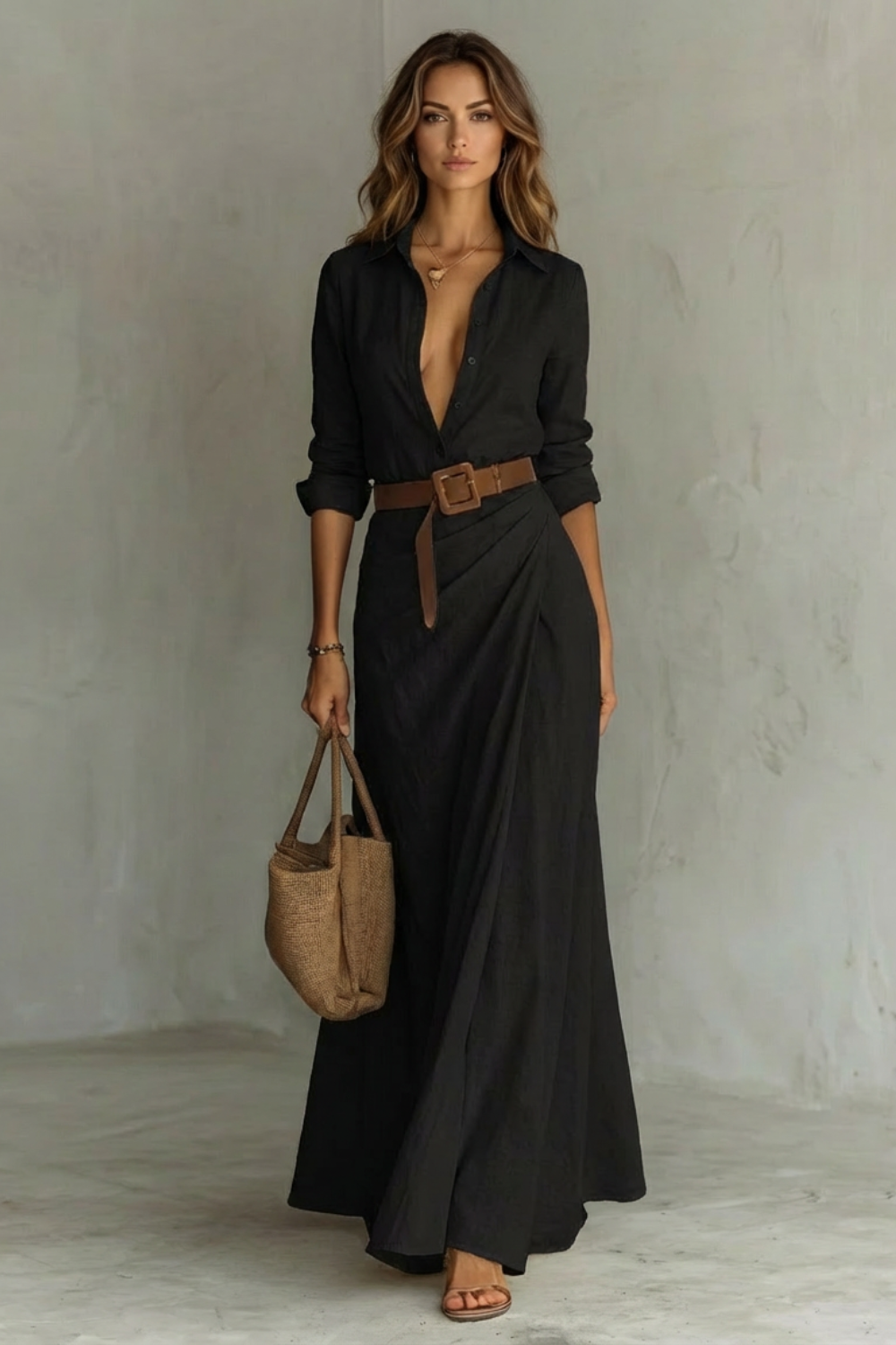 Elegant Wrap Maxi Autumn Solid Color Long Shirt Dress