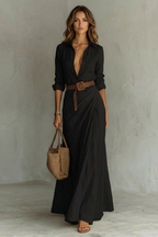 Elegant Wrap Maxi Autumn Solid Color Long Shirt Dress