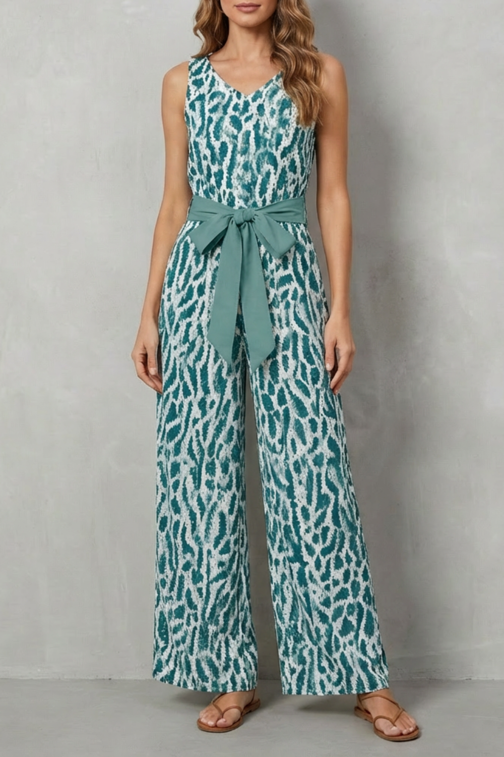 V Neck Wide-Leg Sleeveless Jumpsuit