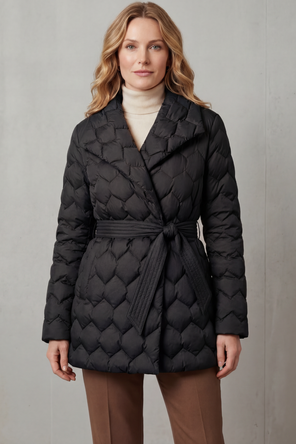 Lapel Pockets Belted Puffer Jacket