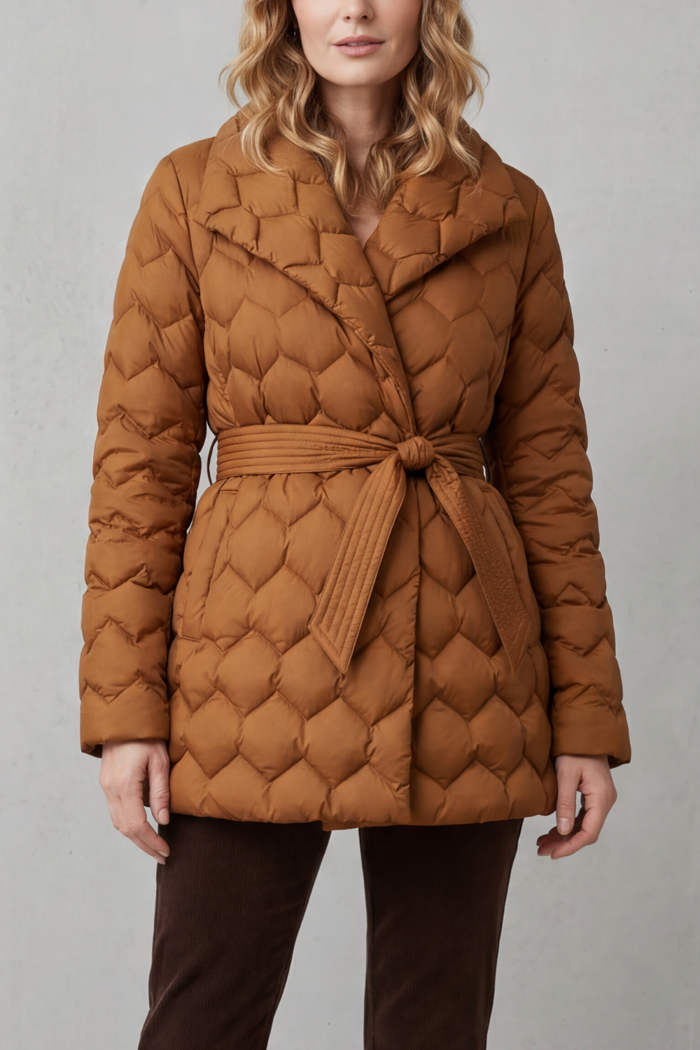 Lapel Pockets Belted Puffer Jacket