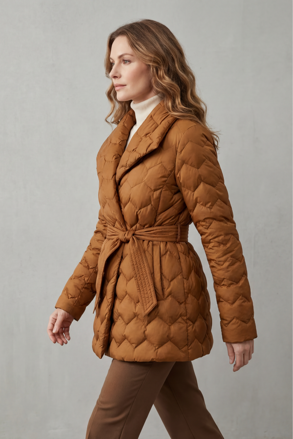 Lapel Pockets Belted Puffer Jacket