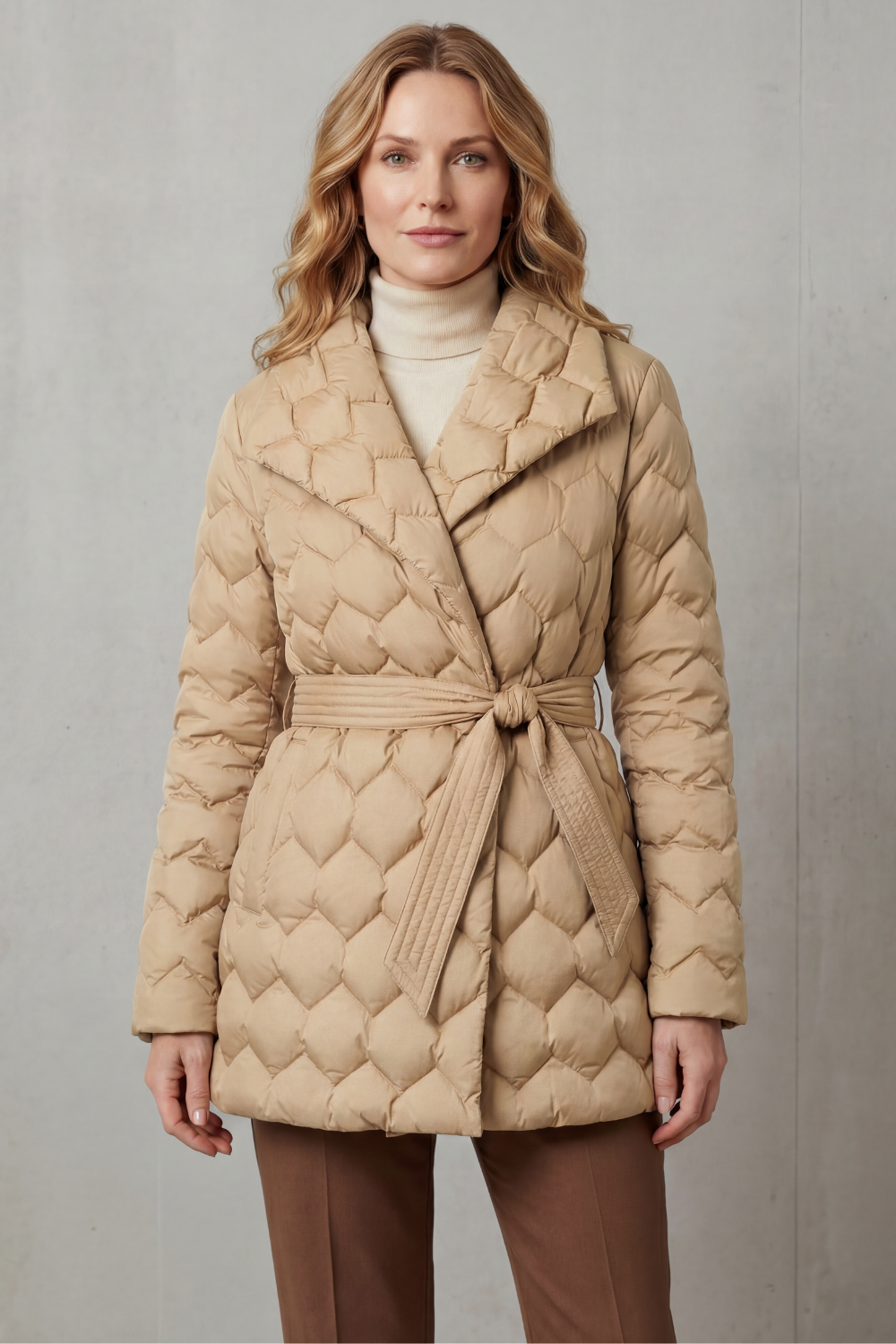 Lapel Pockets Belted Puffer Jacket