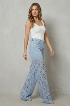 Floral Lace Wide-Leg Denim Jeans