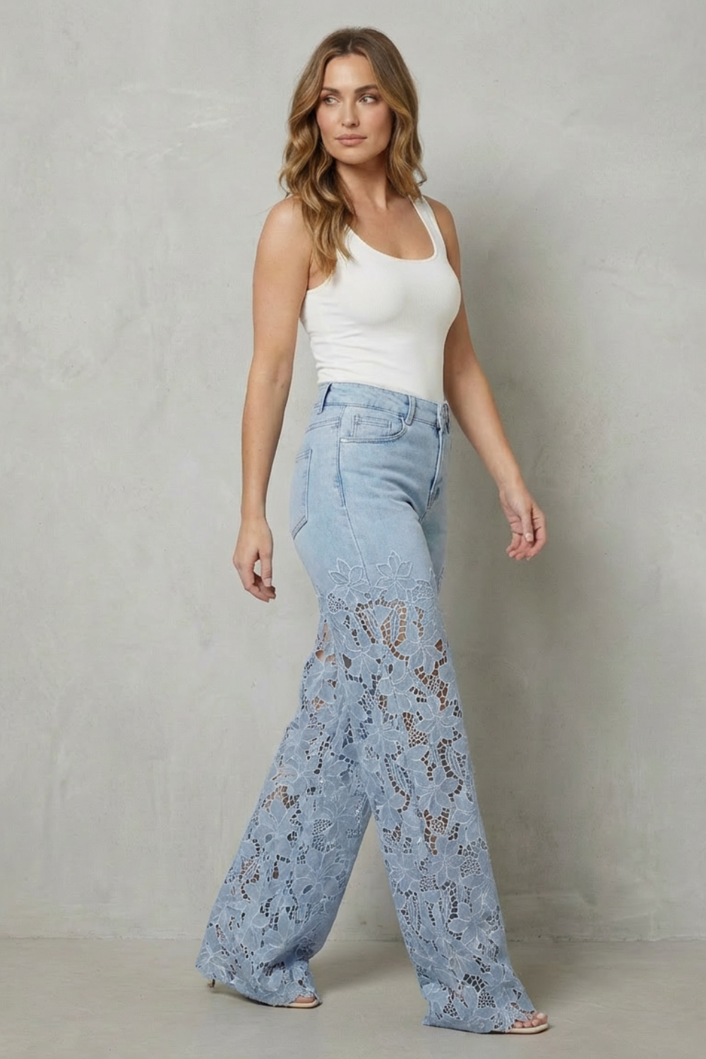 Floral Lace Wide-Leg Denim Jeans