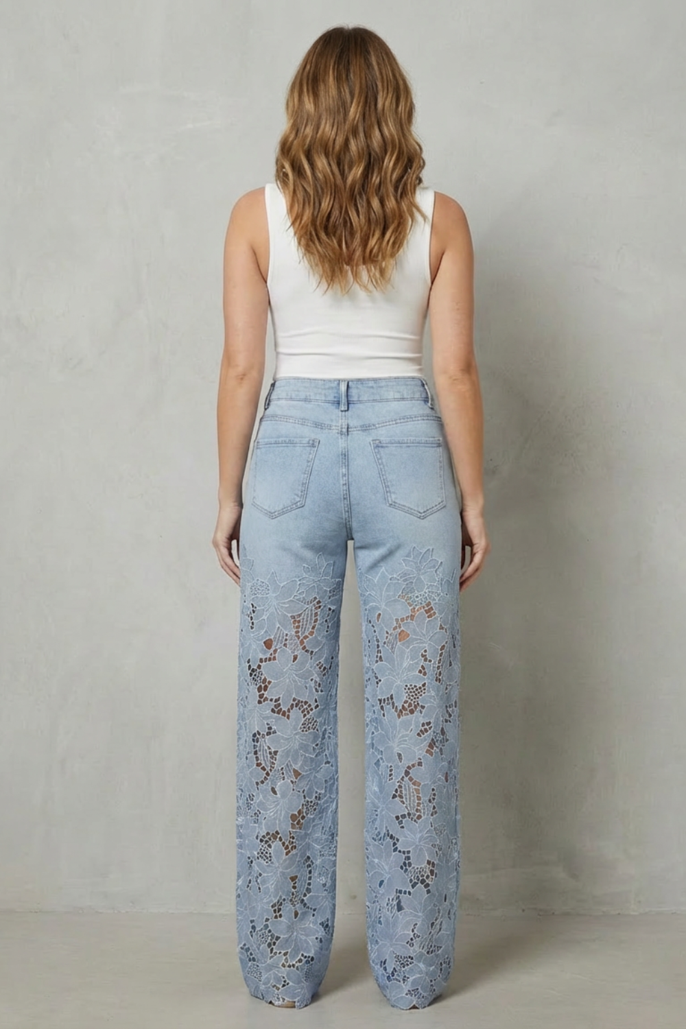 Floral Lace Wide-Leg Denim Jeans