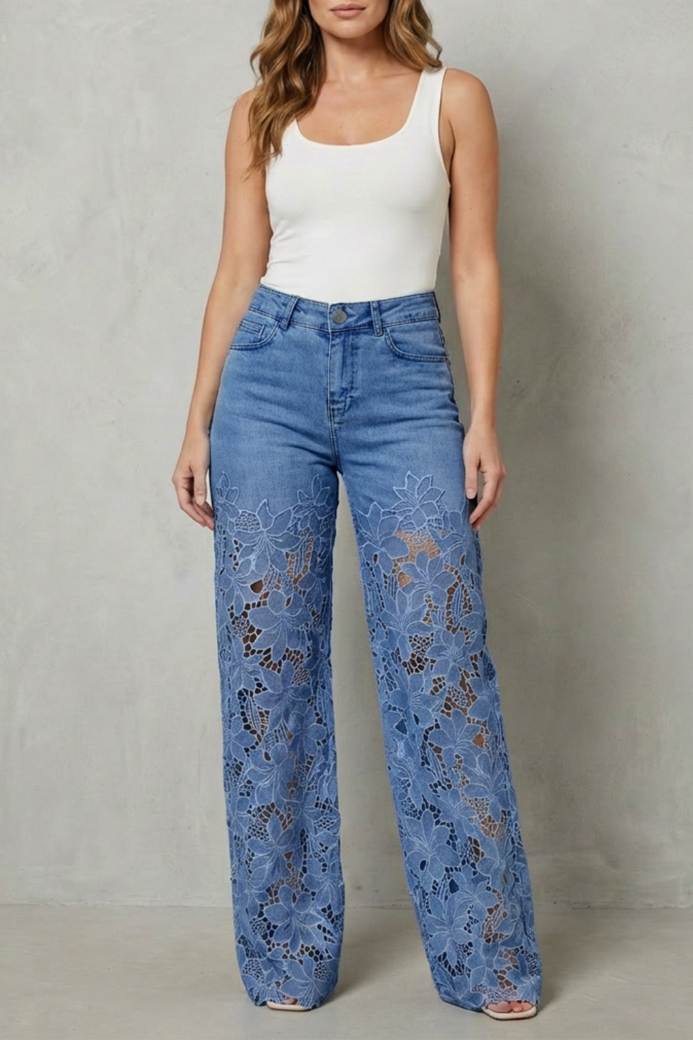 Floral Lace Wide-Leg Denim Jeans