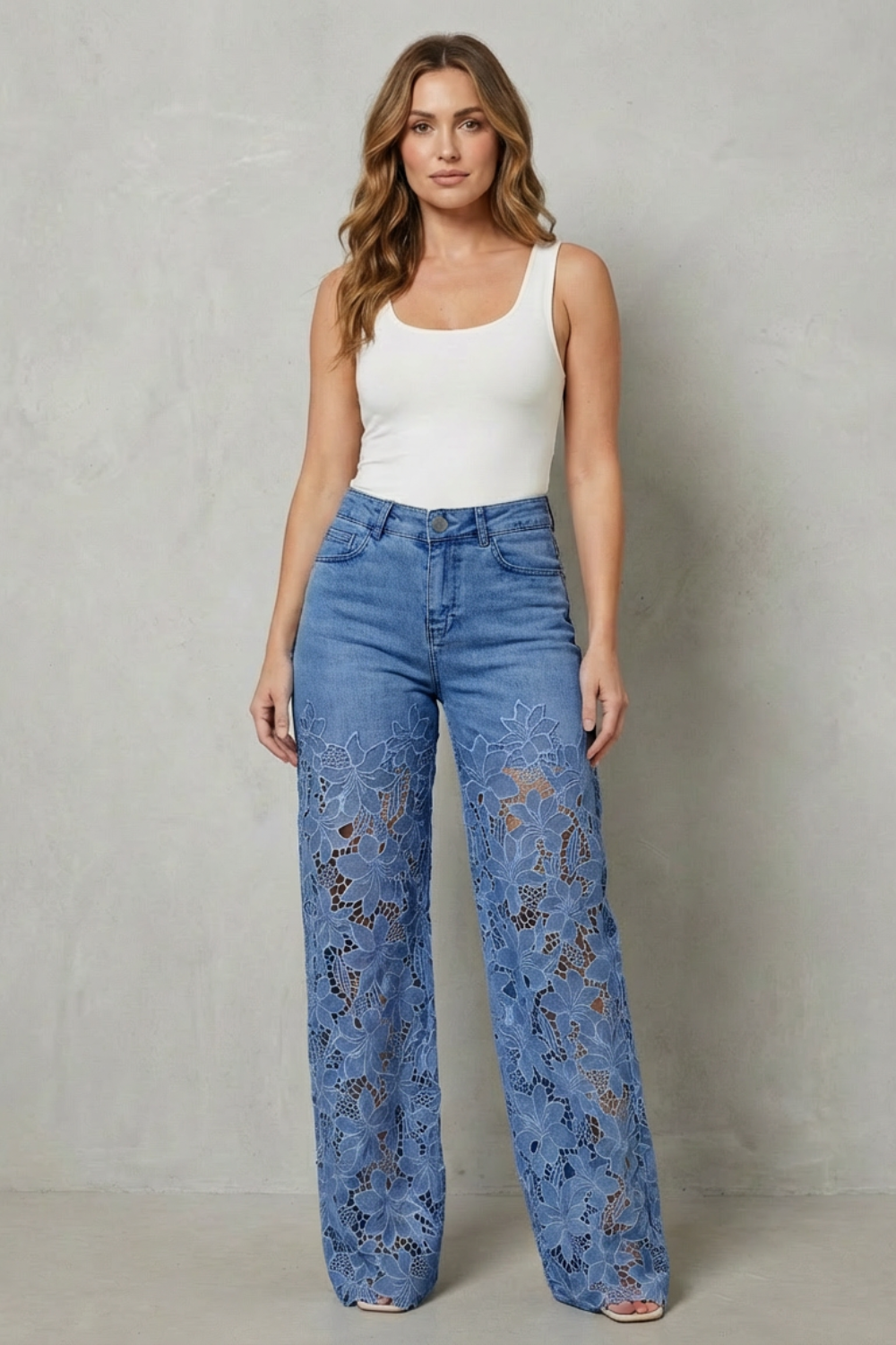 Floral Lace Wide-Leg Denim Jeans