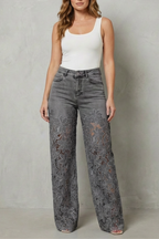 Floral Lace Wide-Leg Denim Jeans