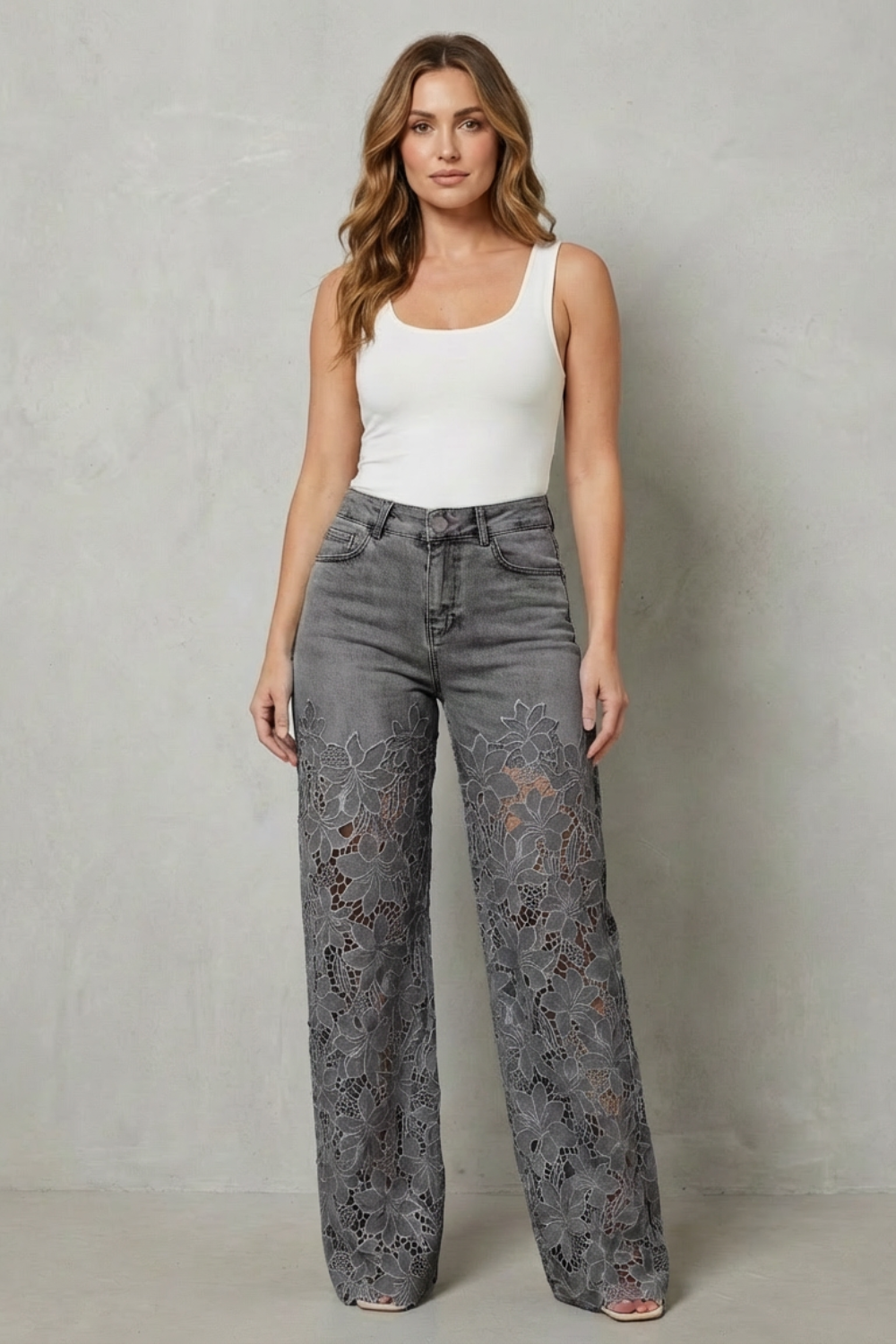 Floral Lace Wide-Leg Denim Jeans
