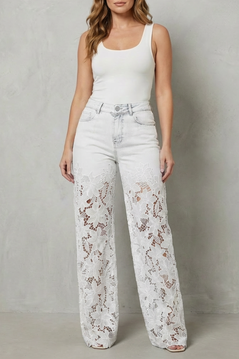 Floral Lace Wide-Leg Denim Jeans