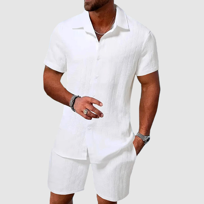 Mens Two Piece Jacquard Set Short Sleeve Button