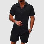 Mens Two Piece Jacquard Set Short Sleeve Button