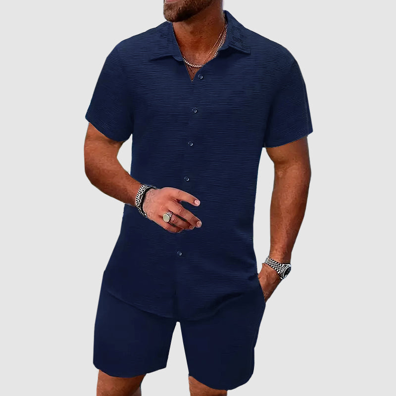 Mens Two Piece Jacquard Set Short Sleeve Button