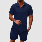 Mens Two Piece Jacquard Set Short Sleeve Button
