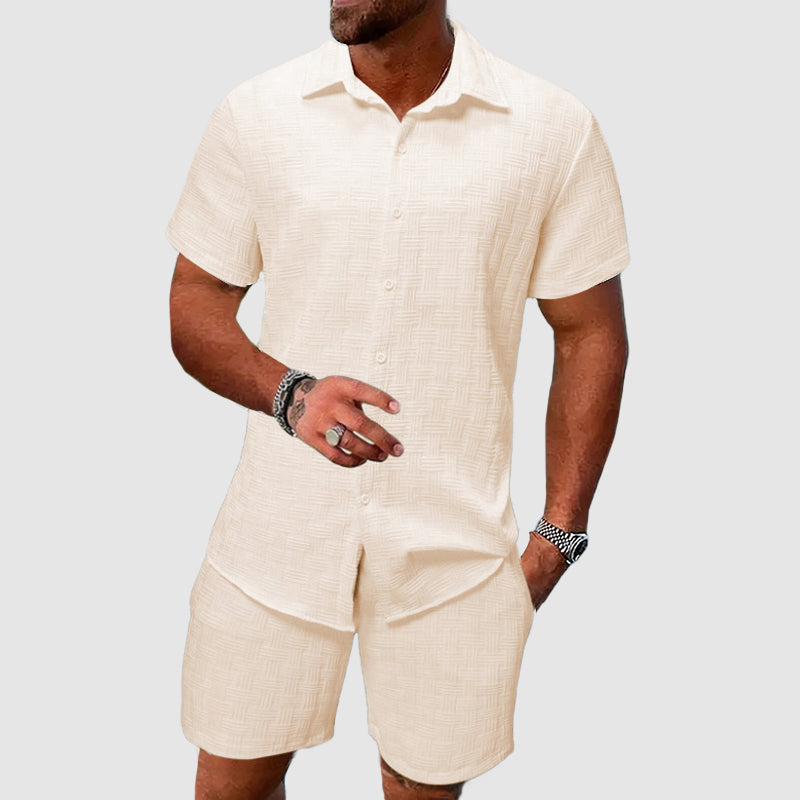 Mens Two Piece Jacquard Set Short Sleeve Button