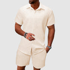 Mens Two Piece Jacquard Set Short Sleeve Button