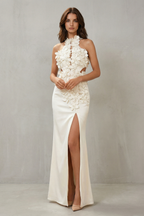 Floral Floor Length Women’s Halter Neck Flower Split Maxi Dress