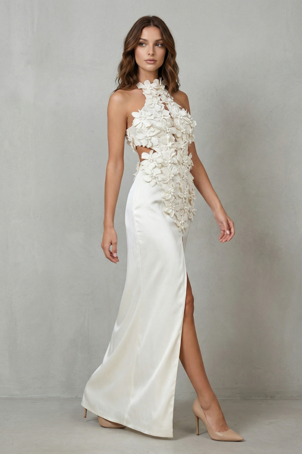 Floral Floor Length Women’s Halter Neck Flower Split Maxi Dress